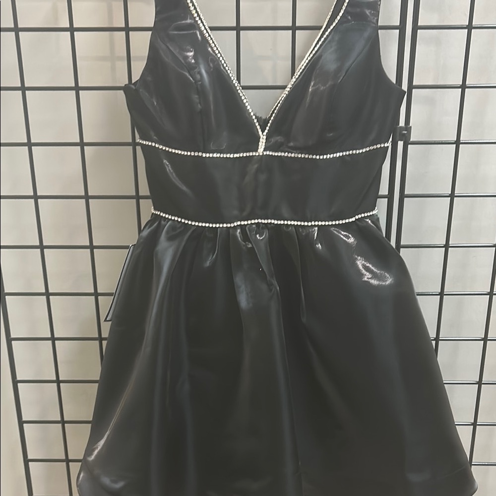 Black Faux Leather Dress with Pearl Trim